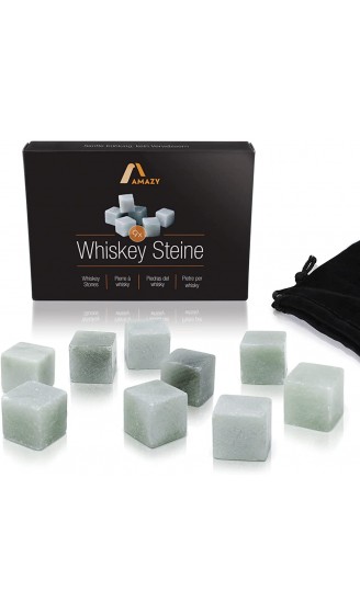 Amazy Whisky Steine 9 Stück inkl. Samtbeutel – Wiederverwendbare Eiswürfel aus natürlichem geschmacksneutralem Speckstein in edler Geschenkbox - B01FU8MQ6CV