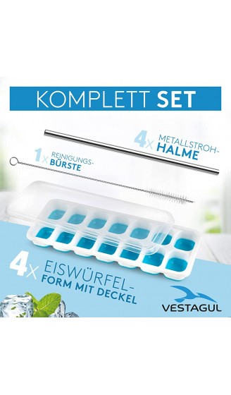 VESTAGUL – 4er Pack Eiswürfelform Silikon mit Deckel – Ice Cube Tray Set mit 4 Metallstrohhalmen& Reinigungsbürste –Silikon Eiswürfelform für Getränke& Babynahrung - B09MZ16V8BJ