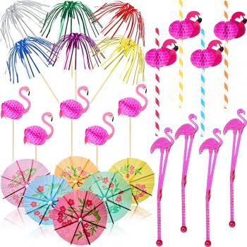 Patelai 130 Stück Cocktailparty Dekoration inklusive Flamingo Cocktail Rührstäbchen Getränke Regenschirm Sticks Feuerwerks Picks 3D Flamingo Papier Strohhalme für Tropisch Themen Partys Sommer - B09QKHXZRFB
