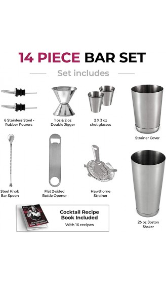 Expert Cocktail-Shaker Home Bar Set – 14-teiliges Edelstahl Bar Werkzeug Kit mit Shaking Dosen Flat-Flaschenöffner Doppel-Bar-Jigger Hawthorne-Sieb Schnapsgläser Barlöffel und 6 Ausgießer. - B01MXRSMZP2