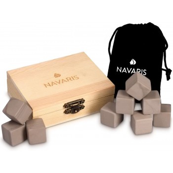 Navaris 9X Whisky Steine aus Granit Kühlsteine Set Whiskey Stones Eiswürfel für Rum Scotch Getränke Whiskeysteine mit Holzbox und Samtbeutel - B06XCX5R6QR