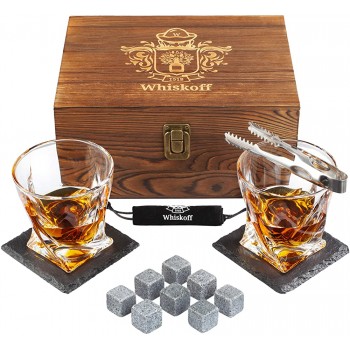 Whiskey Glas 2er Set Bourbon Whiskey Geschenkset Scotch Steine Pinzette Untersetzer Chillingsteine & Bargläser Trinkgläser für Männer & Frauen Whiskey Glaswaren in Holz Geschenkbox - B07GJP8Z6WY