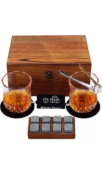 Whisky Steine und Glas Geschenkset KAQ 2 Whisky Gläser 8 Whisky Steine mit Hartholz Tablett in einer hölzernen Geschenkbox Weihnachten Dankeschön Vatertag Geburtstag Geschenk für Familie und Freunde - B09KRM9RTHH