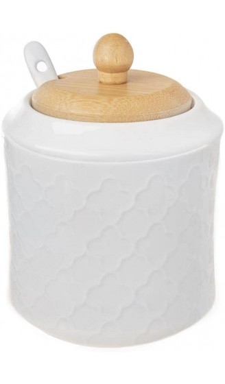 ORION GROUP Zuckerdose aus Porzellan mit Deckel und Löffel | Höhe 11,5 cm | Weißes Porzellan und Bambusholz | Ökologischer Zuckerbehälter - B09K499P5P1