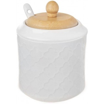 ORION GROUP Zuckerdose aus Porzellan mit Deckel und Löffel | Höhe 11,5 cm | Weißes Porzellan und Bambusholz | Ökologischer Zuckerbehälter - B09K499P5PX