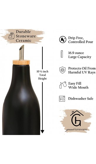 Grace Homewares Olivenöl-Spenderflasche Steingut Keramik für Evoo oder Essig modernes Design großes Fassungsvermögen 479 ml Schwarz - B08D79CBD48