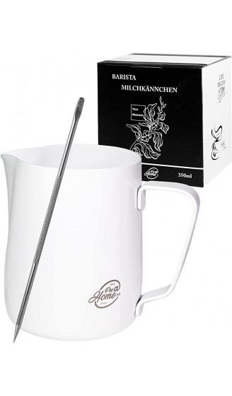Pro@Home43 Barista Edelstahl Milchkännchen weiß 350ml auch 600ml inkl. Latte Art Stift Milchschaumkännchen in Geschenkbox - B0964CPQF2H
