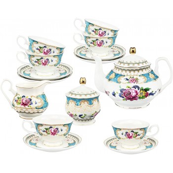fanquare 21 Stück Blau Vintage Porzellan Tee Set Blumen Keramik Kaffeeservice Set Hochzeit Tee Service für Erwachsene - B09NSSN65BO