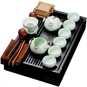 fanquare Chinesisches Keramik Kung Fu Tee Set mit Teetablett und Kleine Teewerkzeuge Porzellan Tee service Hellgrün - B086MM7WVSH