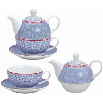 Tea for One Set retro Motiv blau; 3-teilig bestehend aus Tasse Kanne Untertasse; inkl. Kultaroma Premium Tee gratis - B00TGYG6ZEI