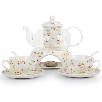 ufengke 6-teiliges europäisches modernes Tee-Set beheizte Glas-Teekanne Knochenporzellan Teeservice für Geschenk und Haushalt Hochzeit - B01HRQ58UQX
