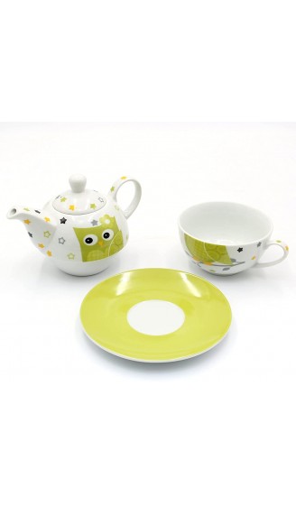 Dekohelden24 Porzellan Teekannen-Set Tea for one mit Eule in weiß grün 3-teilig L B H 16 x 14 x 10 cm Fassungsvermögen Kanne Tasse 400-200 ml - B095KQP6YQX