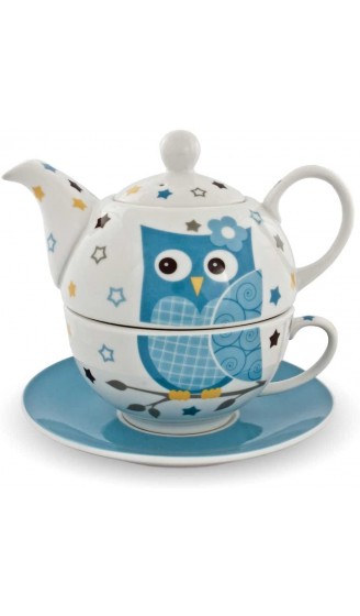 Porzellan Tee Set Tea for one Teeservice Eule blau weiß Teekanne Tasse Untersetzer - B00IG5GYF6H