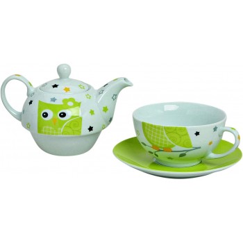 Tea for One Set mit grüner Eule Kanne & Tasse & Untertasse - B07XH62RFFE