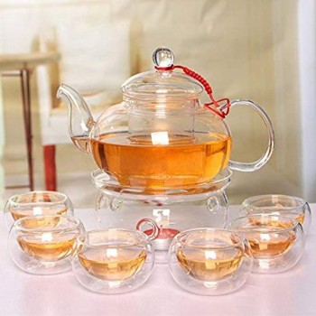 Beddingleer Teekanne aus Glas 600 mL Teebereiter + 6 Tea Tassen + Wärmer mit Glasfilter und Glasdeckel aus hochwertigem Borsilikatglas - B01MFD4MSO2
