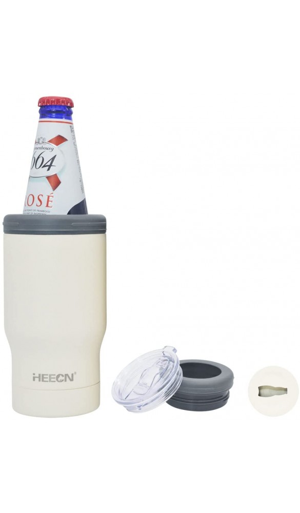 HEECN Vakuum-Bierflaschenkühler aus Edelstahl Bierdosenkühler Thermosbecher mit Deckel und Flaschenöffner Weiß - B09QZJ24Y34