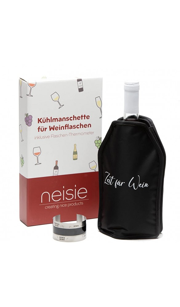 neisie ® Wein-Set: Kühlmanschette „Zeit für Wein“ inkl. Flaschenthermometer – kühlt schnell & anhaltend – flexible Passform – Wein-Geschenkset - B0971R89KNM