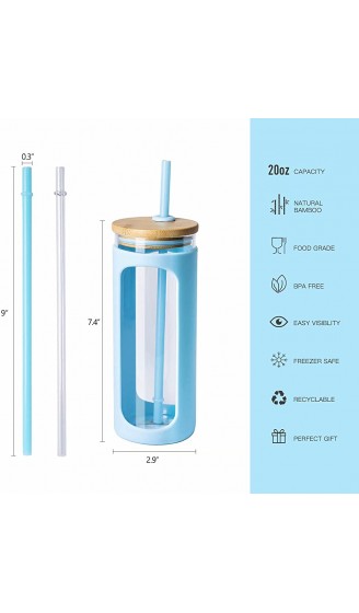Kodrine Trinkbecher aus Glas mit Strohhalm und Deckel Bambusdeckel wiederverwendbar weite Öffnung Silikonhülle BPA-frei Hellblau - B08ZY6RYP4J