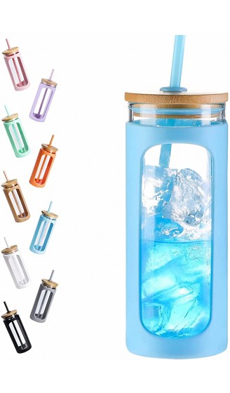Kodrine Trinkbecher aus Glas mit Strohhalm und Deckel Bambusdeckel wiederverwendbar weite Öffnung Silikonhülle BPA-frei Hellblau - B08ZY6RYP4F