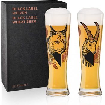 Ritzenhoff Black Label Weizenbierglas-Set von Daniel Fatemi Lynx & Chamois aus Kristallglas 669 ml mit 3 Klebetattoos - B084RBQY5HC