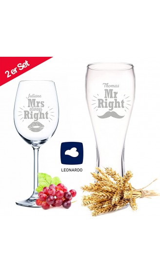 Weizenglas + Weinglas Mr Right & Mrs Always Right mit Namen Personalisierte Geschenke ideal als Hochzeitsgeschenk alternativ zum Geburtstagsgeschenk für Männer Frauen - B07JJDP6LMY
