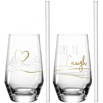 Leonardo Presente Trink-Gläser 4 teilig spülmaschinenfeste Wasser-Gläser mit Gravur und Strohhalm Motiv Laugh Saft-Glas Geschenk-Set 365 ml 029183 - B08TLXC1RQS