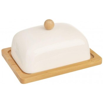 ORION GROUP Porzellan Butterdose mit Deckel | 16x13x8,5 cm | Weißes Porzellan und Bambusholz | Ökologischer Butterbehälter | Perfekte Tisch- und Küchendekoration - B09K7L6RJYF