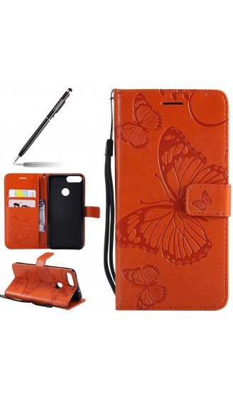 Kompatibel mit Handy Schutzhülle Huawei P Smart Handytasche Bookstyle Klappbar Tasche Schmetterling Prägung Leder Brieftasche Lederhülle Handyhülle Flip Case Cover Klapphülle,Orange - B07G488NQV5