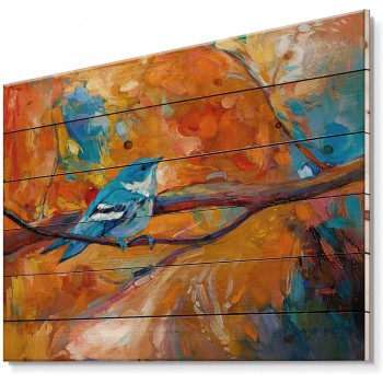 DesignQ Blauer Cerulean Warbler Bird auf einem Ast – traditioneller Druck auf natürlichem Kiefernholz - B09JQH9WBK4