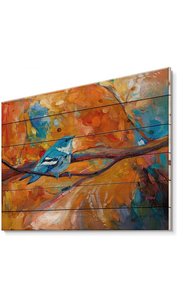 DesignQ Blauer Cerulean Warbler Bird auf einem Ast – traditioneller Druck auf natürlichem Kiefernholz - B09JQH9WBK4