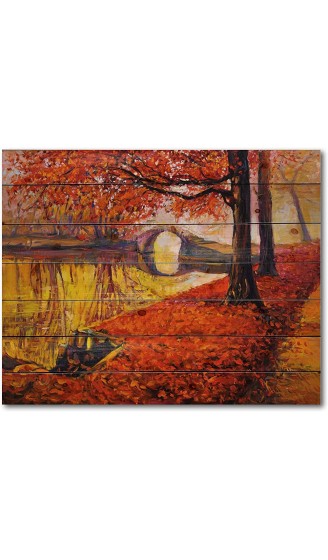 DesignQ Little Bridge In Orange Autumn Landscape I Traditional Print on Natural Pine Wood - B09JQ7DKCZK