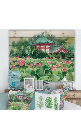 DesignQ Lotus Lake and Pagoda Traditional Print on Natural Pine Wood - B09JPY7NYMS