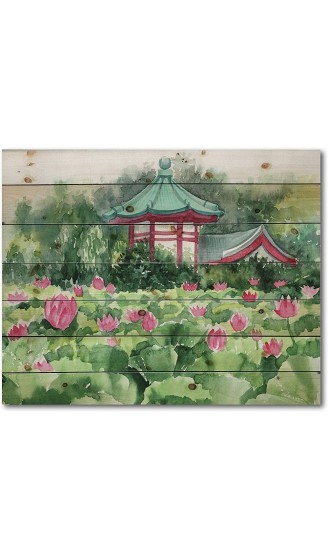 DesignQ Lotus Lake and Pagoda Traditional Print on Natural Pine Wood - B09JPY7NYMS